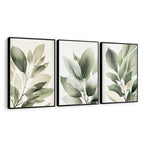 Kit com 3 quadros 40x60 Natureza Vert com vidro cristalino e moldura caixa alta em madeira. Arte leve e sofisticada para quartos e salas modernas.