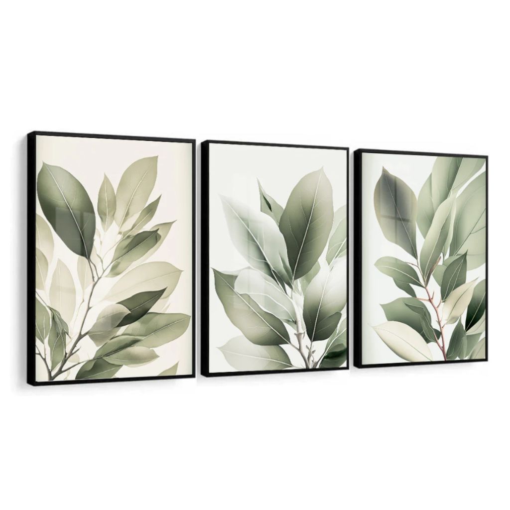 Kit com 3 quadros 40x60 Natureza Vert com vidro cristalino e moldura caixa alta em madeira. Arte leve e sofisticada para quartos e salas modernas.