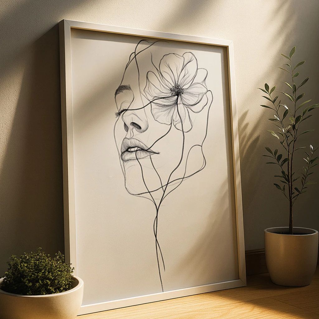Quadro Donzela Visage em line art com moldura laqueada e impressão HD. Design minimalista feminino e floral para decorar quartos e salas com sofisticação.