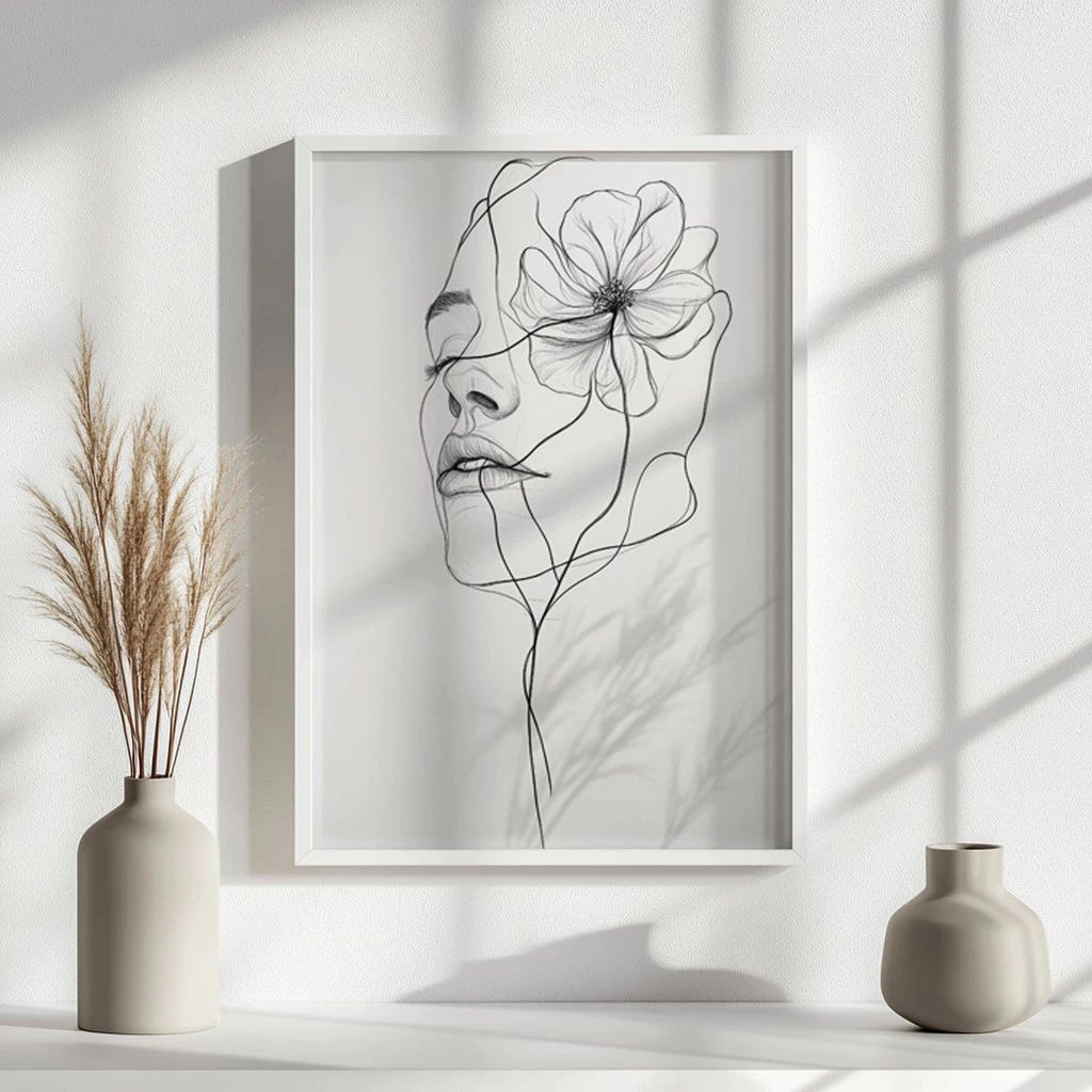 Quadro Donzela Visage em line art com moldura laqueada e impressão HD. Design minimalista feminino e floral para decorar quartos e salas com sofisticação.