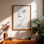 Quadro Donzela Visage em line art com moldura laqueada e impressão HD. Design minimalista feminino e floral para decorar quartos e salas com sofisticação.
