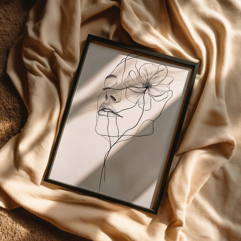 Quadro Donzela Visage em line art com moldura laqueada e impressão HD. Design minimalista feminino e floral para decorar quartos e salas com sofisticação.