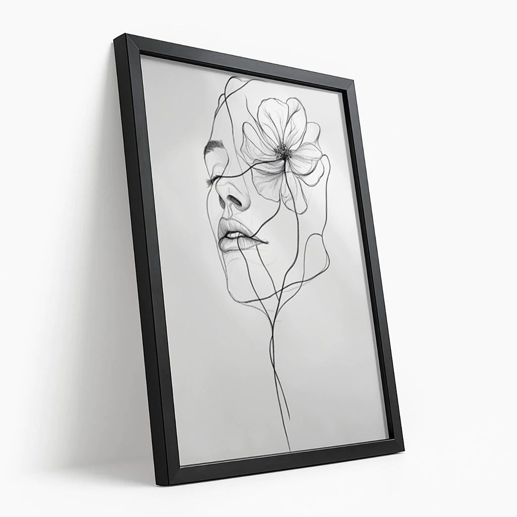 Quadro Donzela Visage em line art com moldura laqueada e impressão HD. Design minimalista feminino e floral para decorar quartos e salas com sofisticação.