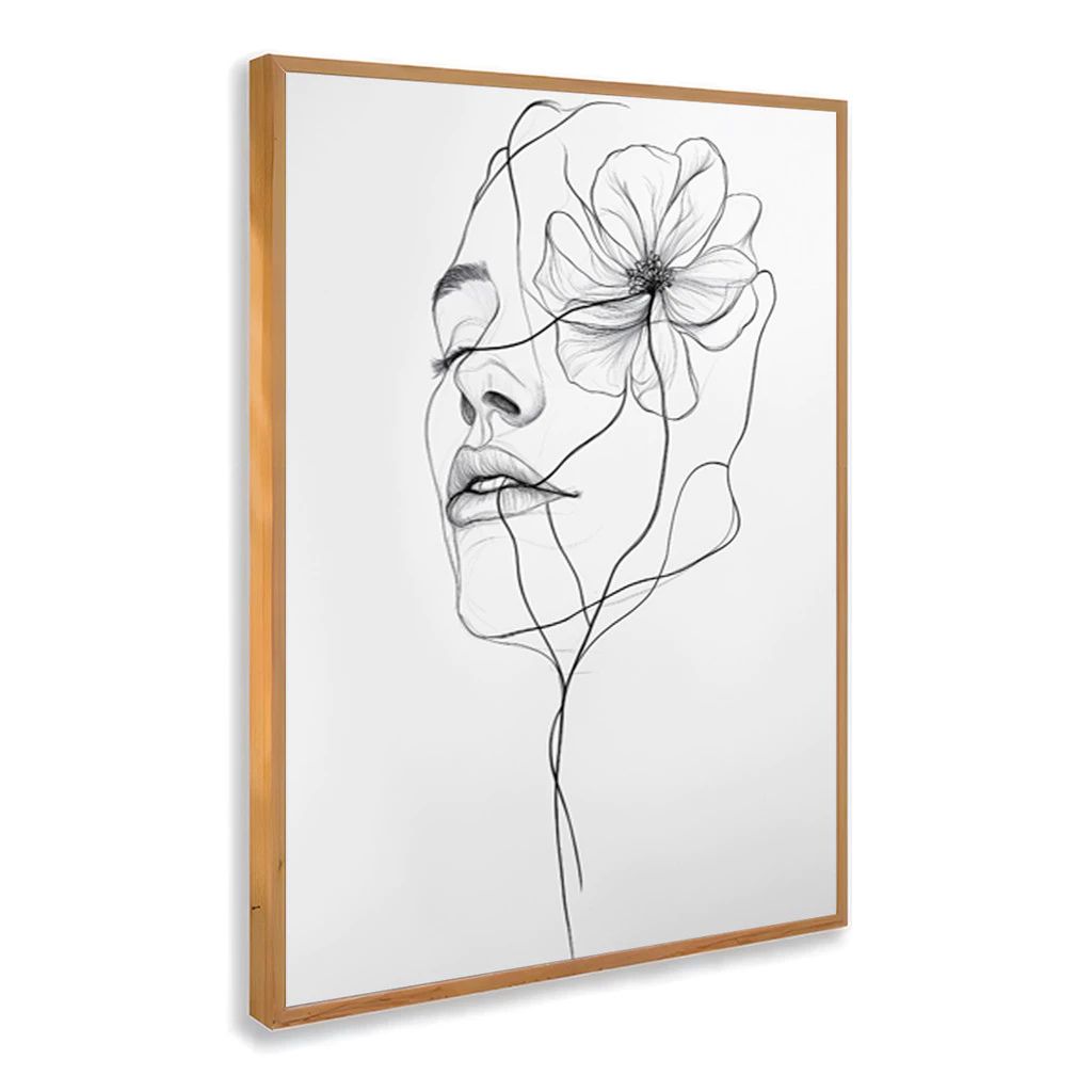 Quadro Donzela Visage em line art com moldura laqueada e impressão HD. Design minimalista feminino e floral para decorar quartos e salas com sofisticação.