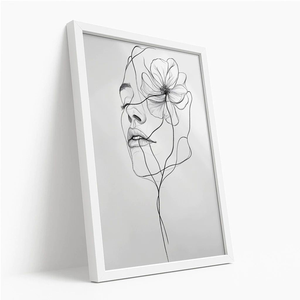 Quadro Donzela Visage em line art com moldura laqueada e impressão HD. Design minimalista feminino e floral para decorar quartos e salas com sofisticação.