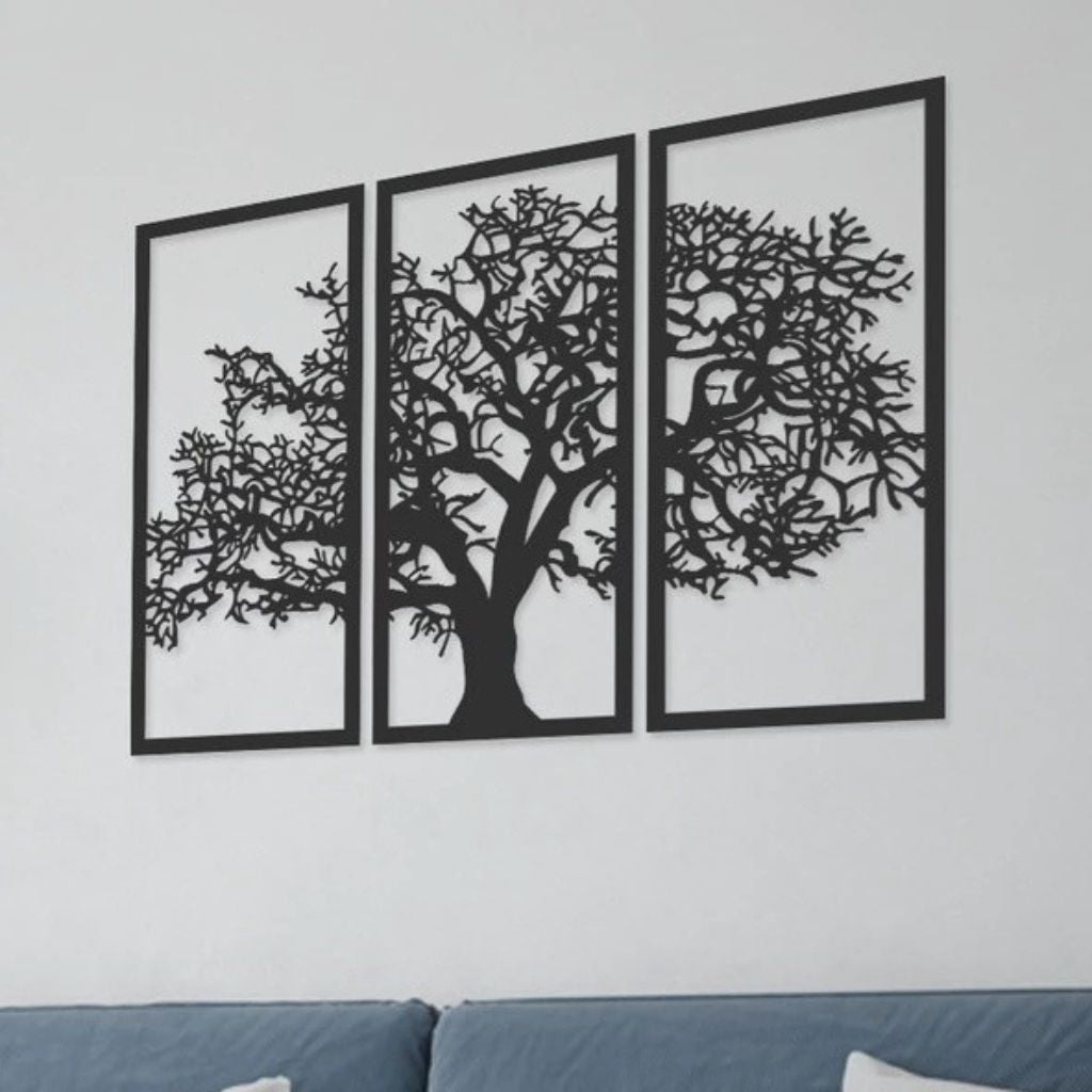 Quadro Árvore da Vida em MDF preto fosco com design vazado. Kit 3 peças de fácil instalação com fita 3M. Decoração moderna e simbólica para salas e quartos.