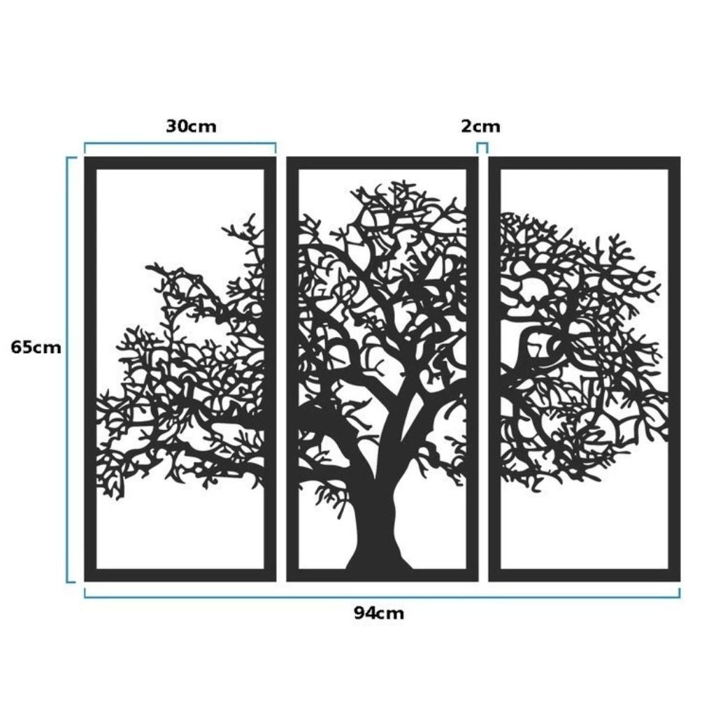 Quadro Árvore da Vida em MDF preto fosco com design vazado. Kit 3 peças de fácil instalação com fita 3M. Decoração moderna e simbólica para salas e quartos.