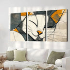 Quadro Mosaico Félin com design de gato abstrato em 3 peças. Impressão Ultra HD em MDF sustentável, fácil instalação com fita dupla face e estilo moderno.