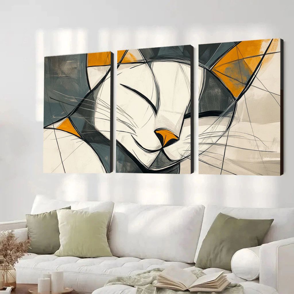 Quadro Mosaico Félin com design de gato abstrato em 3 peças. Impressão Ultra HD em MDF sustentável, fácil instalação com fita dupla face e estilo moderno.