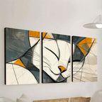 Quadro Mosaico Félin com design de gato abstrato em 3 peças. Impressão Ultra HD em MDF sustentável, fácil instalação com fita dupla face e estilo moderno.