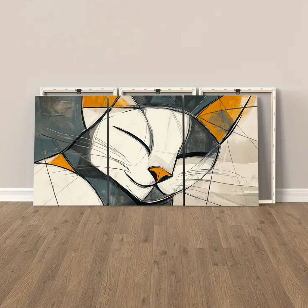 Quadro Mosaico Félin com design de gato abstrato em 3 peças. Impressão Ultra HD em MDF sustentável, fácil instalação com fita dupla face e estilo moderno.