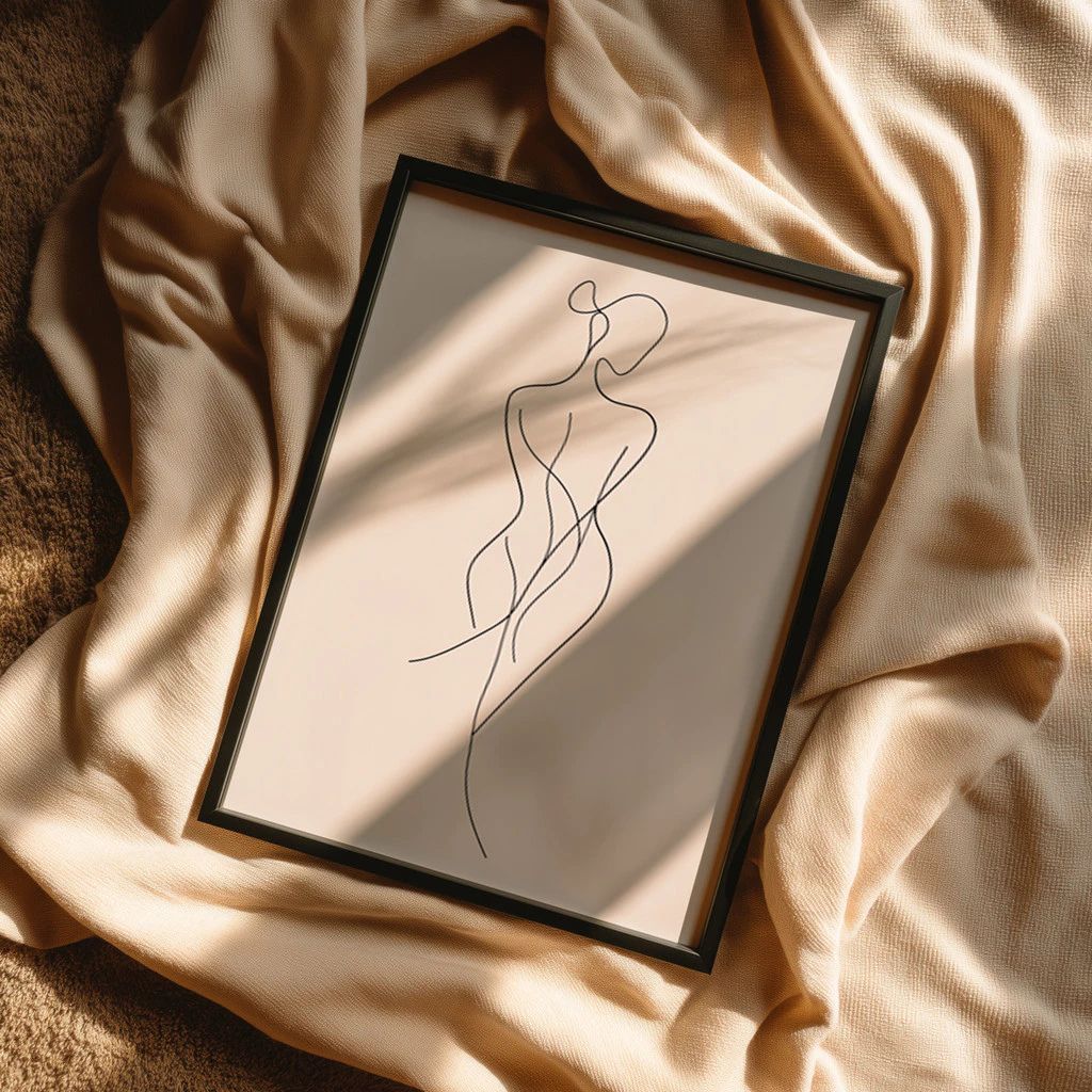 Quadro Traço Raso Arte Féminin com moldura laqueada e impressão HD. Arte minimalista feminina para salas, quartos, escritórios e decoração clean.
