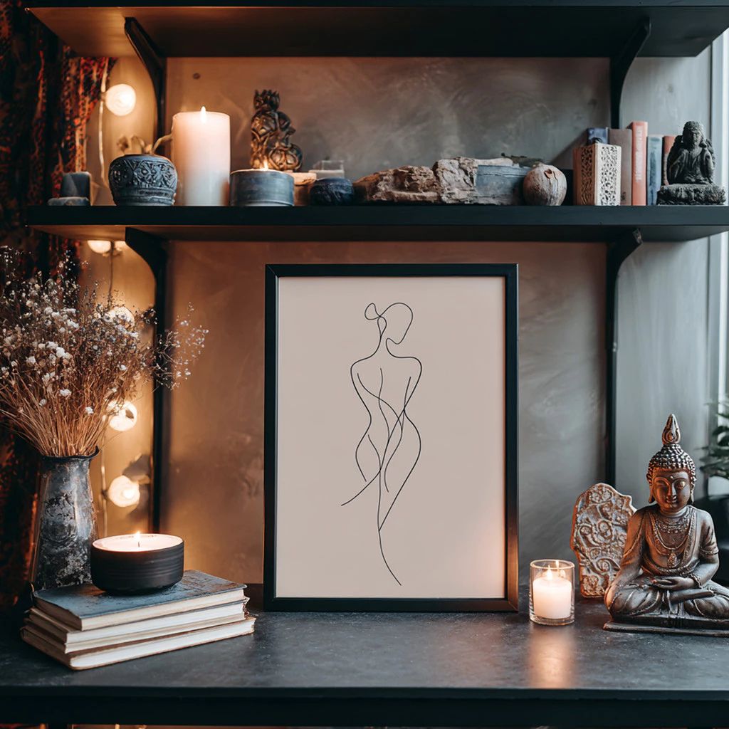 Quadro Traço Raso Arte Féminin com moldura laqueada e impressão HD. Arte minimalista feminina para salas, quartos, escritórios e decoração clean.