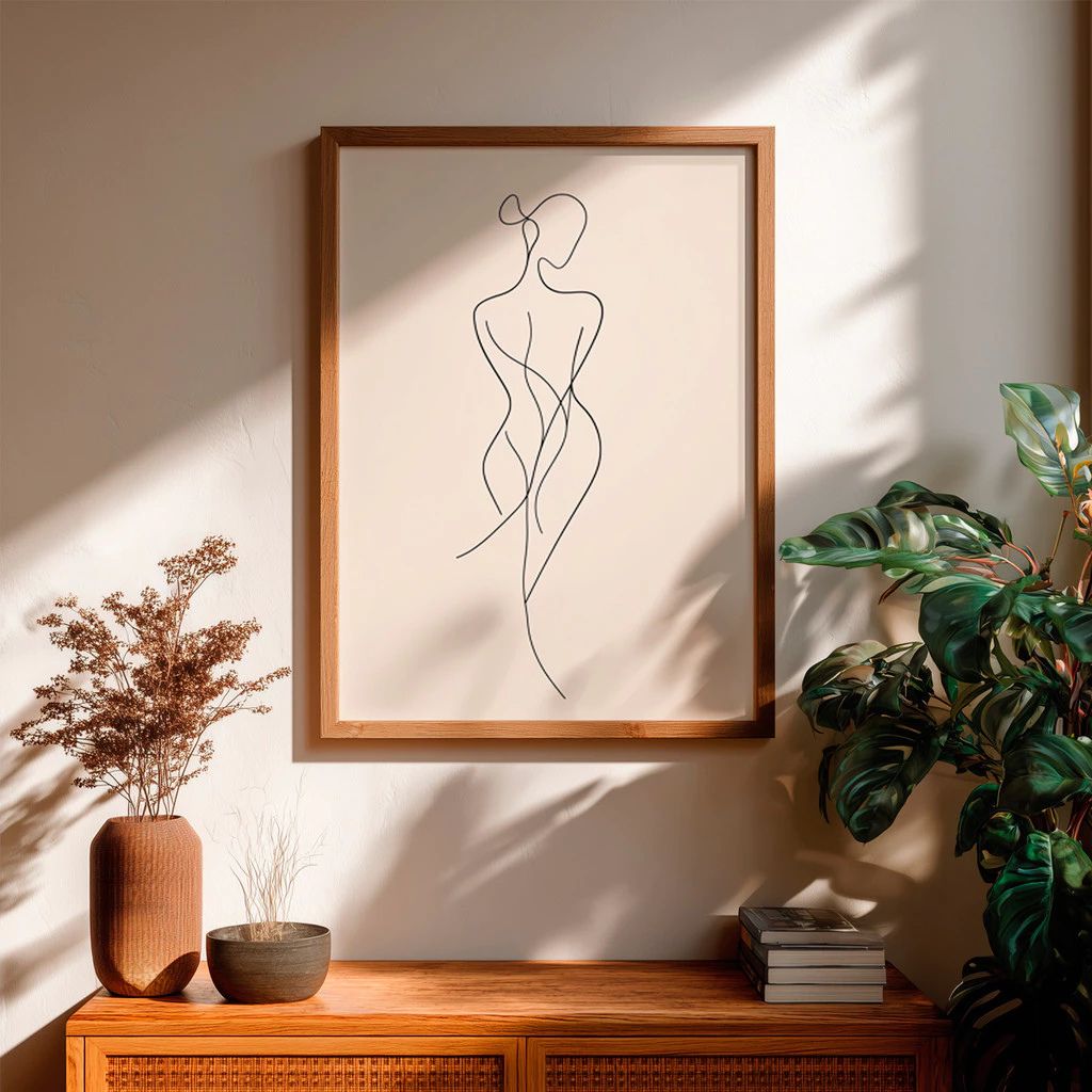 Quadro Traço Raso Arte Féminin com moldura laqueada e impressão HD. Arte minimalista feminina para salas, quartos, escritórios e decoração clean.