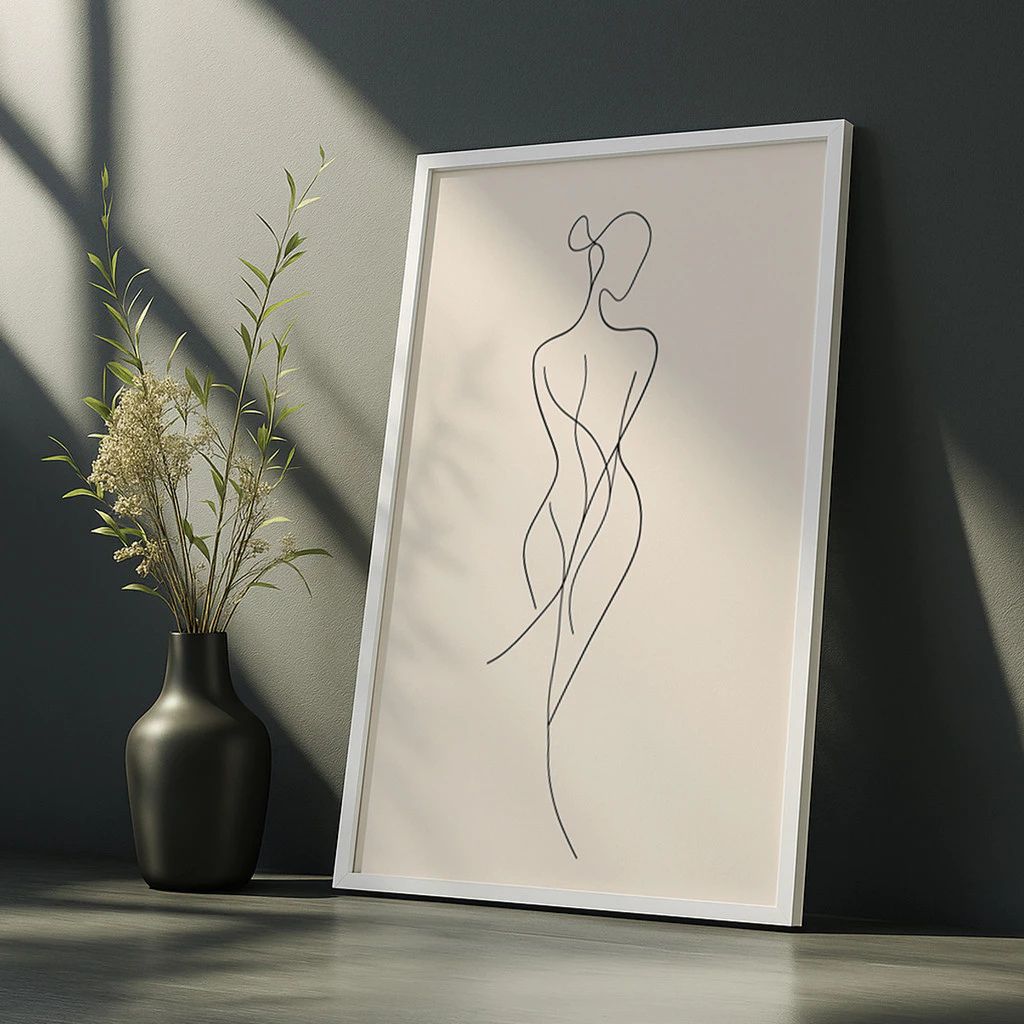 Quadro Traço Raso Arte Féminin com moldura laqueada e impressão HD. Arte minimalista feminina para salas, quartos, escritórios e decoração clean.
