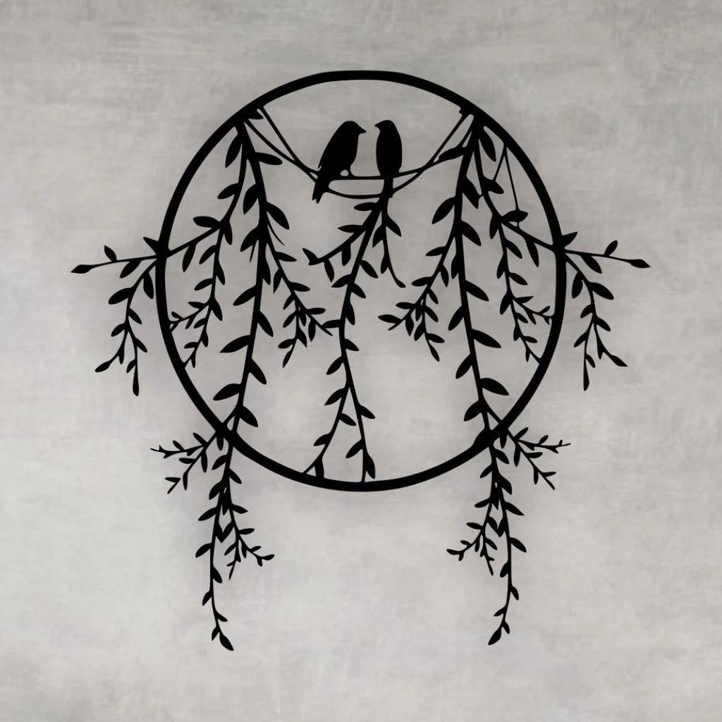 Quadro vazado redondo Pássaros Toujours em MDF preto brilho. Design delicado, fácil instalação e acabamento premium para salas, quartos e escritórios.