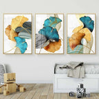 Kit com 3 quadros abstratos 90x60 em tela acetinada com borda infinita. Arte moderna, sofisticada e pronta para pendurar. Ideal para salas e escritórios.