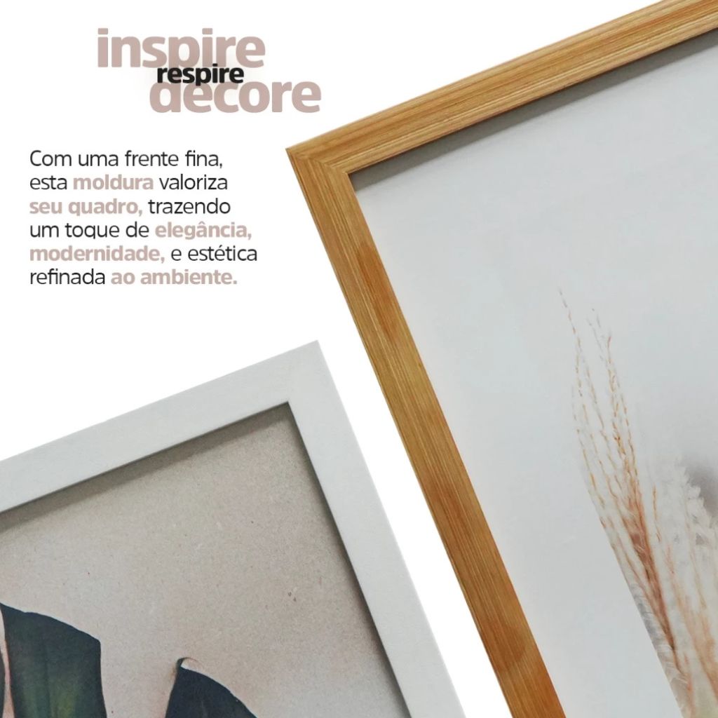 Kit com 3 quadros grandes 50x70 Folhas Nobres Or. Moldura em madeira premium e impressão fosca de alta qualidade. Ideal para salas e ambientes sofisticados.