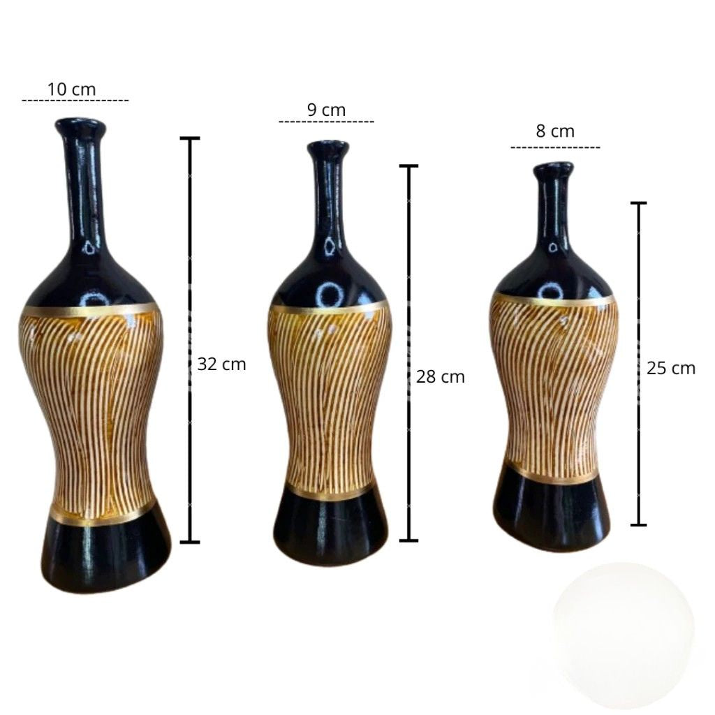 Trio Vasos Luxe em cerâmica com pintura artesanal a frio. Três tamanhos, uso decorativo, perfeito para aparadores, racks e mesas. Peças elegantes e únicas.