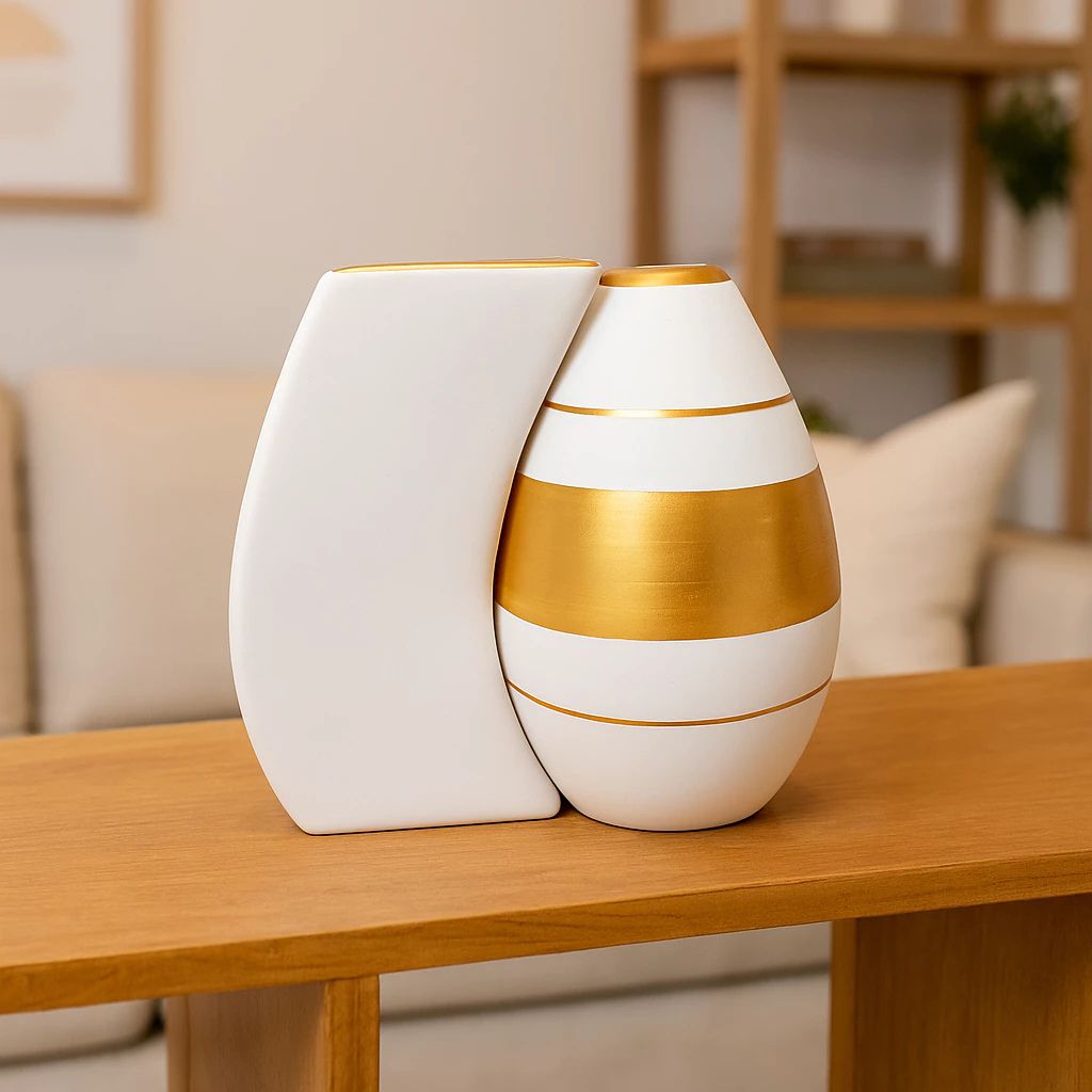 Dupla de Vasos Raffiné Cerâmica Minimalista com Dourado Louhir