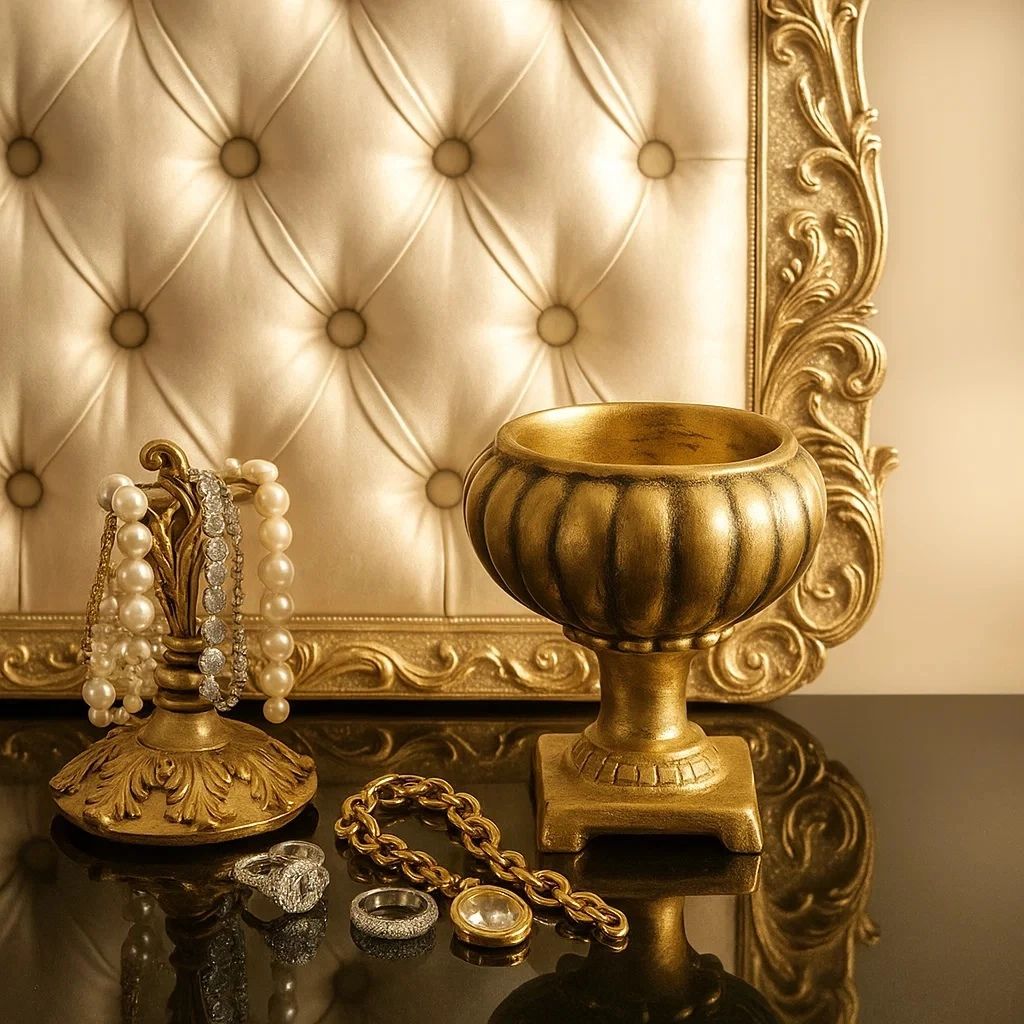 Vaso Royauté Centro Luxuoso 23cm em resina mineral dourada, feito à mão em estilo europeu. Peça decorativa sofisticada para mesas, aparadores e estantes.