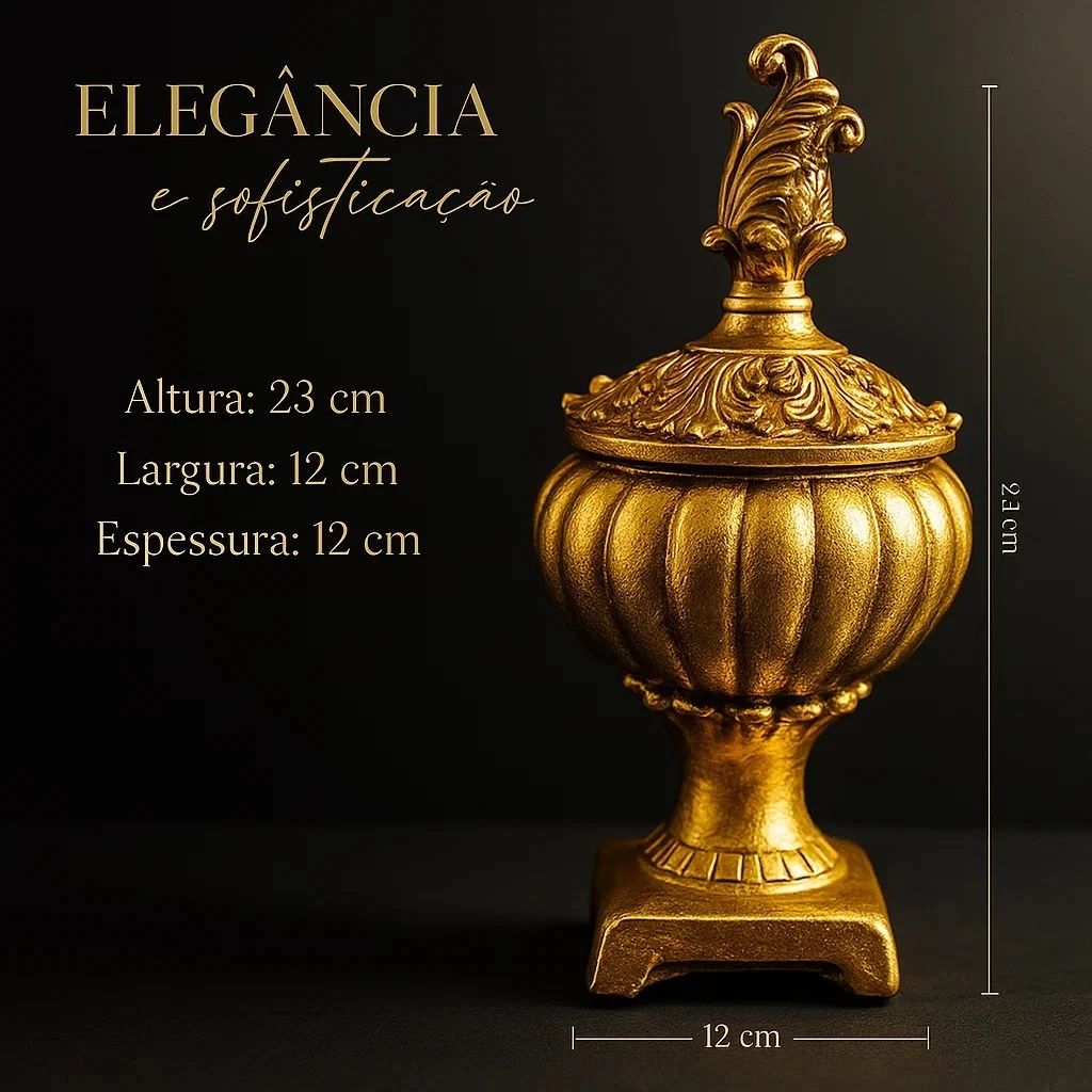 Vaso Royauté Centro Luxuoso 23cm em resina mineral dourada, feito à mão em estilo europeu. Peça decorativa sofisticada para mesas, aparadores e estantes.
