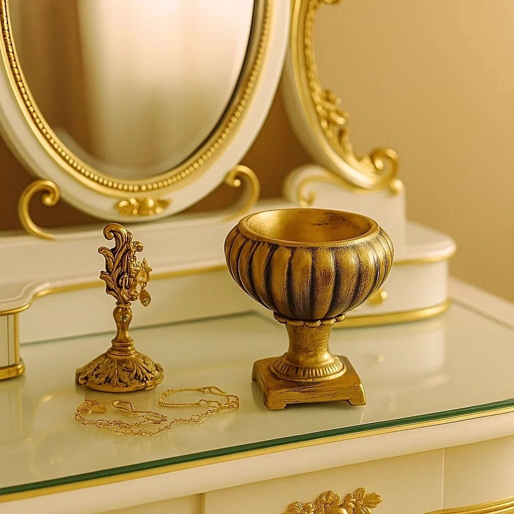 Vaso Royauté Centro Luxuoso 23cm em resina mineral dourada, feito à mão em estilo europeu. Peça decorativa sofisticada para mesas, aparadores e estantes.