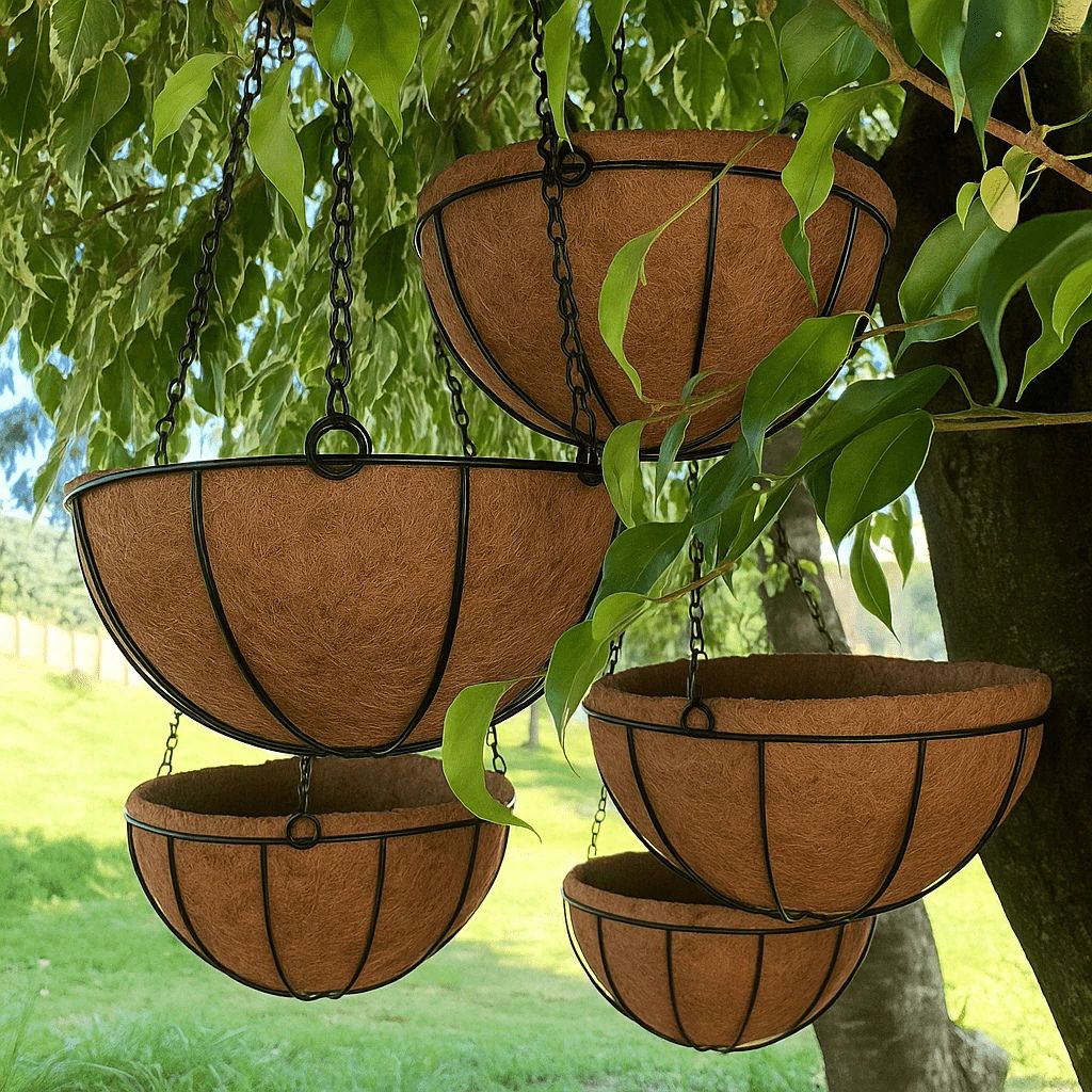 Vaso suspenso ecológico em fibra de coco com suporte de ferro e corrente. Ideal para jardins verticais, oferece ótima drenagem e aeração para suas plantas.